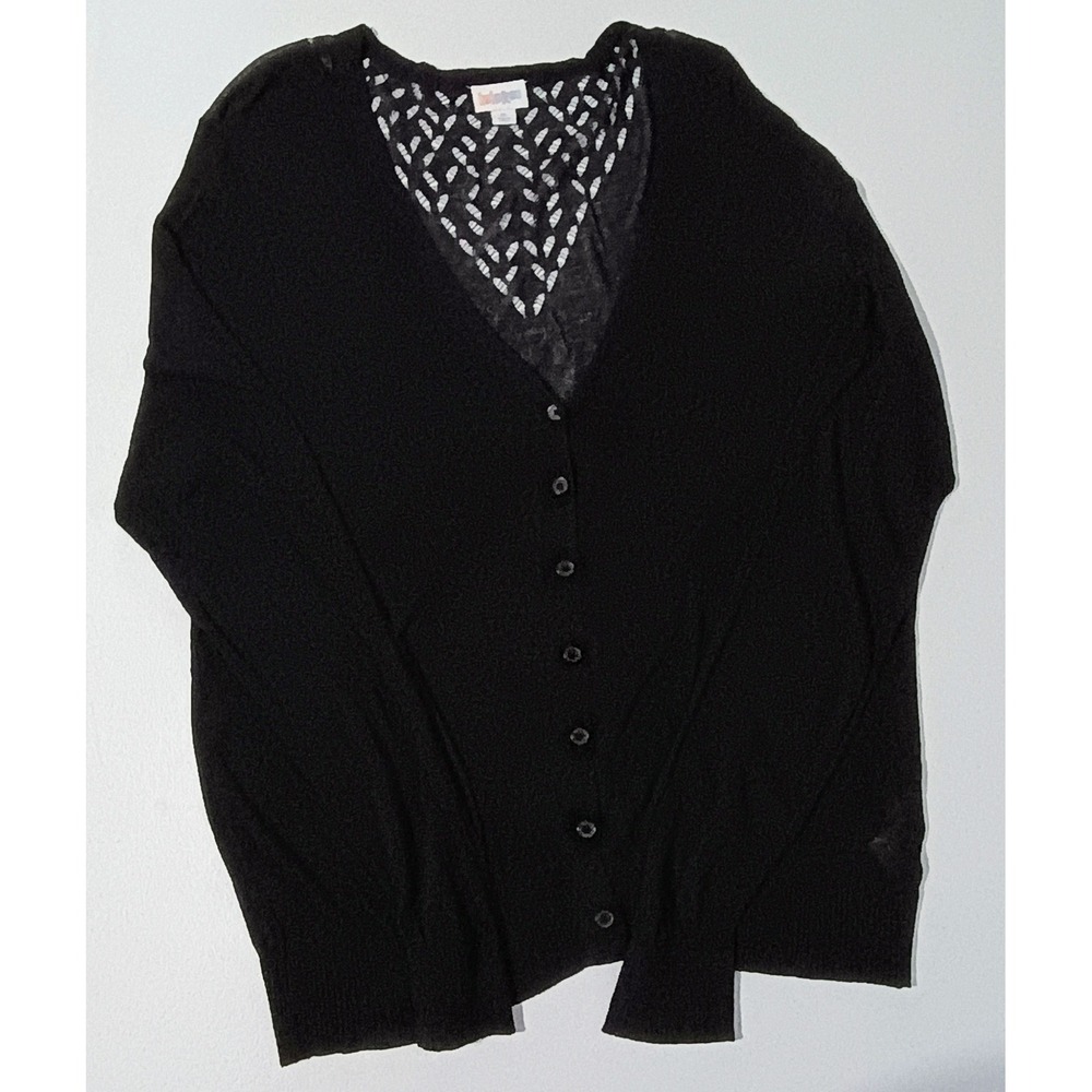 LuLaRoe Black Button Front Cardigan XL Lace Back V-Neck Viscose Knit Sweater